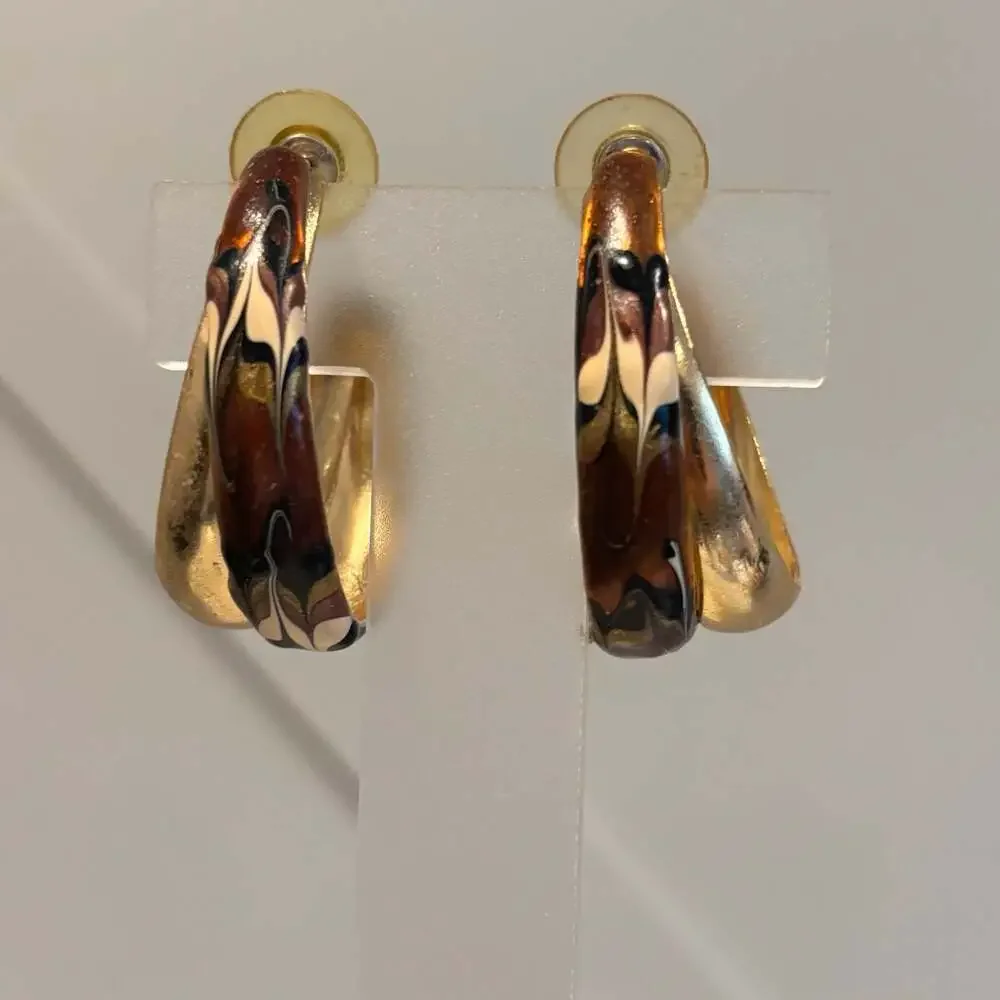 Vintage Gold Tone Earthy Colored Enamel Double Loop Half Hoop Pierced Earrings